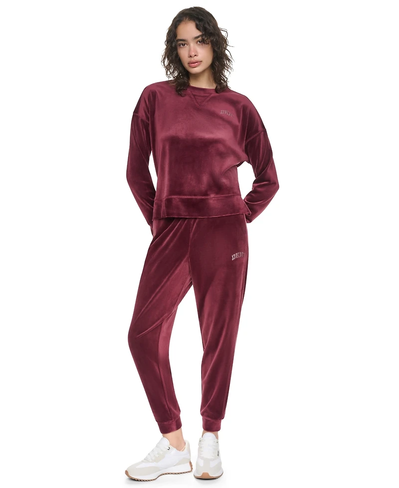 Dkny Sport Women's Velour Relaxed-Fit High-Low Crewneck Pullover Top with Varsity Rhinestone Logo