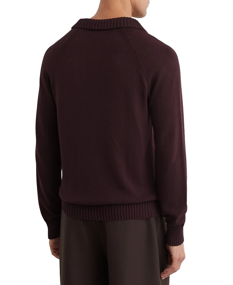 Reiss Men's Ashdown Raglan-Sleeve Open-Collar Cotton Polo Sweater