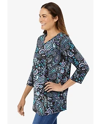 Woman Within Women's Perfect Printed Three-Quarter Sleeve V-Neck Tee
