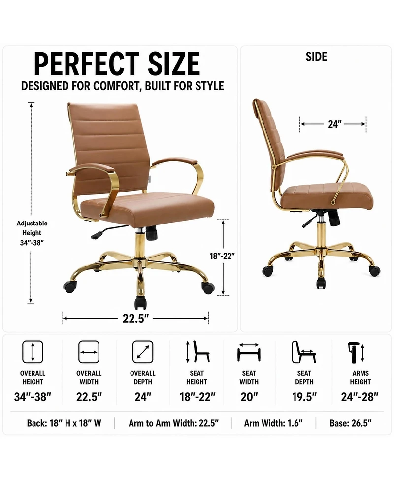 LeisureMod Benmar Leather Office Chair with Gold Accents, Adjustable Height, Swivel, Ergonomic Design for Home Office or Workspace