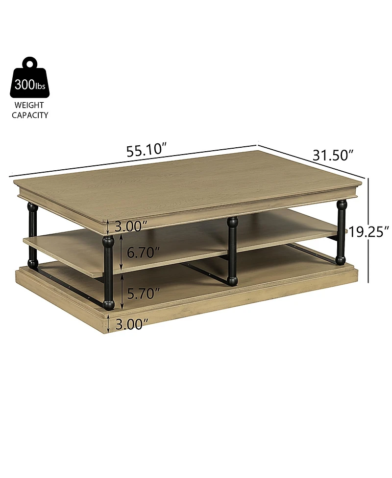 Boyel Living 55" Modern Wood Coffee Table, Brown Finish with Metal Legs, 2-Tier Open Storage Shelves for Room