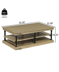 Boyel Living 55" Modern Wood Coffee Table, Brown Finish with Metal Legs, 2-Tier Open Storage Shelves for Room