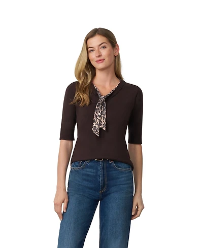 Cable & Gauge Women's Printed Chiffon Tie Neck Sweater