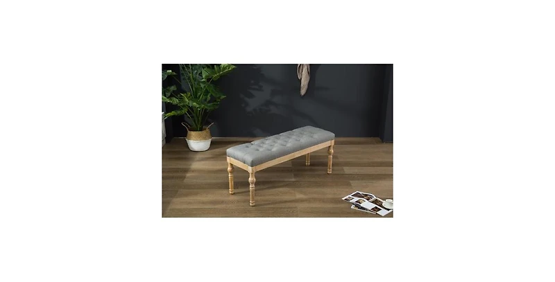 Flynama 48" Linen Tufted Dining Bench - Solid Hardwood Turned Legs for Traditional Dining