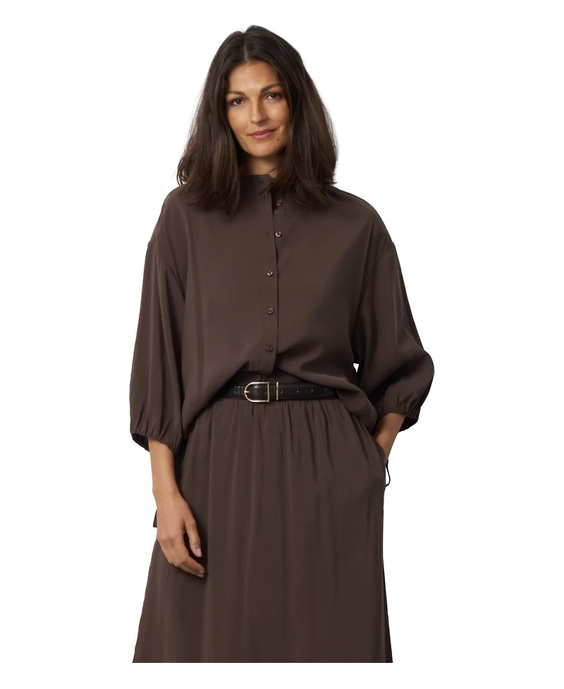Cable & Gauge Women's 3/4 Balloon-Sleeve Band Collar Relaxed-Fit Blouse