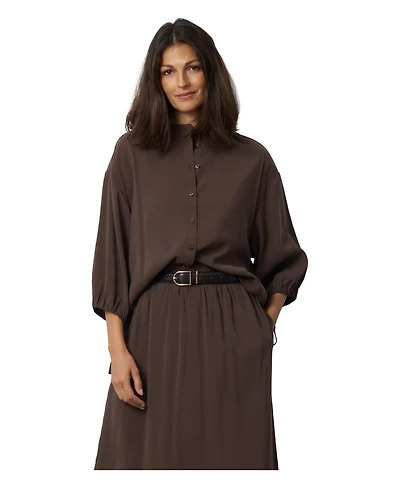 Cable & Gauge Women's 3/4 Balloon-Sleeve Band Collar Relaxed-Fit Blouse