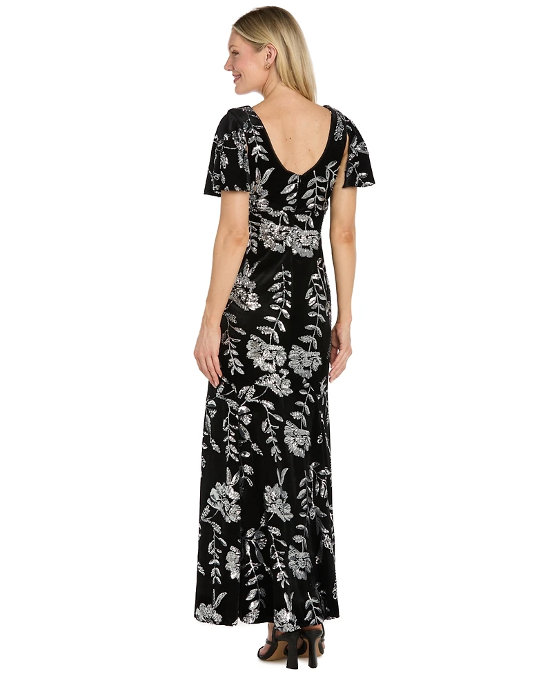 R & M Richards Women's Velvet Sequin-Floral Mermaid Dress