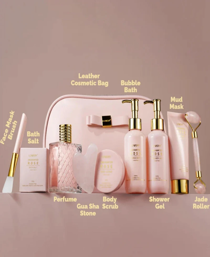 Lovery Luxury Enchanted Rose Bath and Body Care Beauty Kit with Cosmetic Bag, Jade Roller and More, 11pc Home Spa Gift Set