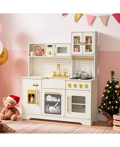 Kinder King Kids Play Kitchen, Wooden Toy Kitchen Playset for Toddler, Pretend Oven, Microwave