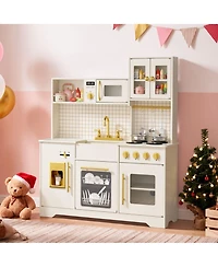 Kinder King Kids Play Kitchen, Wooden Toy Kitchen Playset for Toddler, Pretend Oven, Microwave
