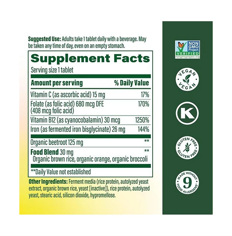 MegaFood Blood Builder Iron Supplement for Women and Men with Vitamin C, B12 and Folic Acid