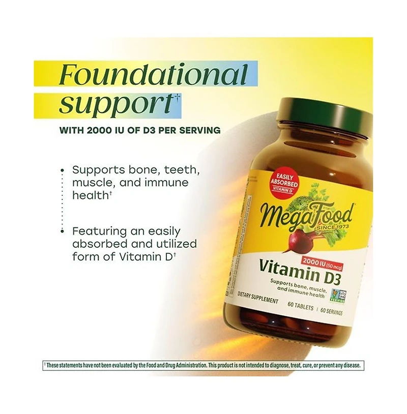 MegaFood Vitamin D3 2000 Iu, Bone, Muscle and Immune Support, Vitamin D Tablets, 90 Ct
