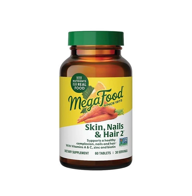MegaFood Skin, Nails and Hair 2 with Biotin, Zinc and Vitamin A, C, and E, Supports a Healthy Complexion, Nails and Hair, 60 Ct