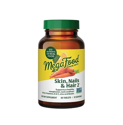 MegaFood Skin, Nails and Hair 2 with Biotin, Zinc and Vitamin A, C, and E, Supports a Healthy Complexion, Nails and Hair, 60 Ct