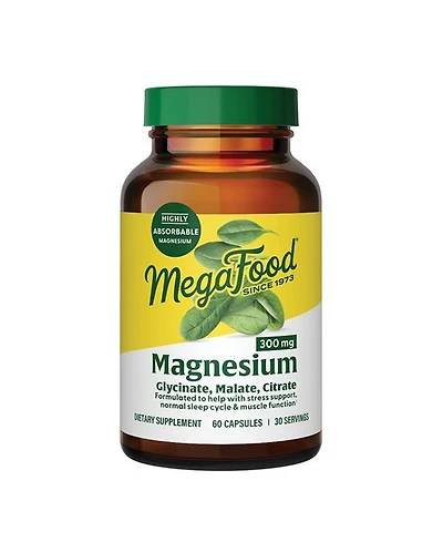 MegaFood Magnesium 300mg, Magnesium Glycinate, Citrate, Malate, Heart, Nerve Health, 60 Capsules
