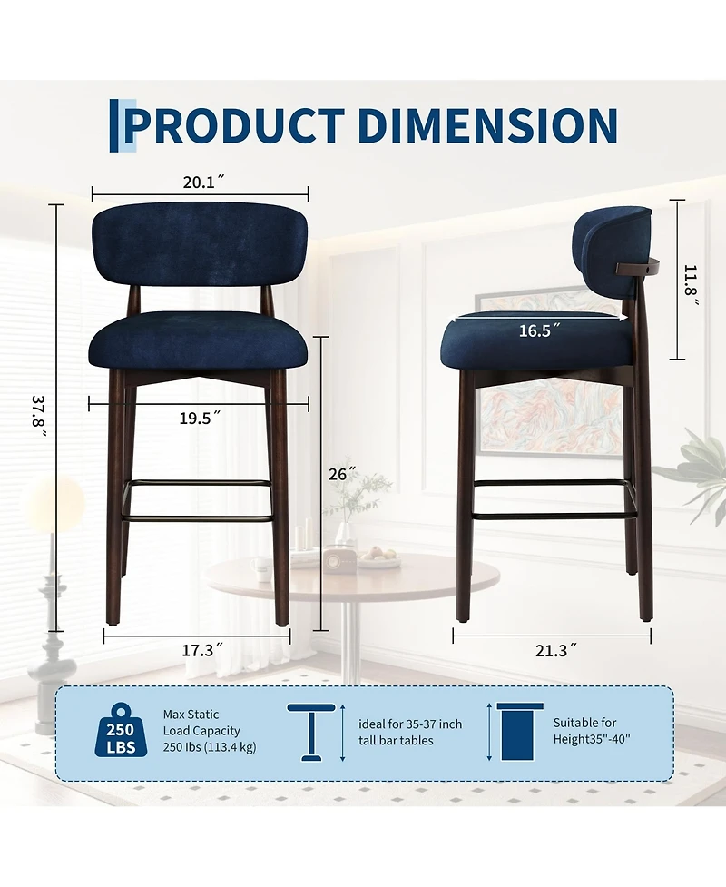 gaomon Set of 4 Upholstered Counter Height Bar Stools with Wood Legs and Curved Back, Linen Kitchen Island Chairs with Footrest