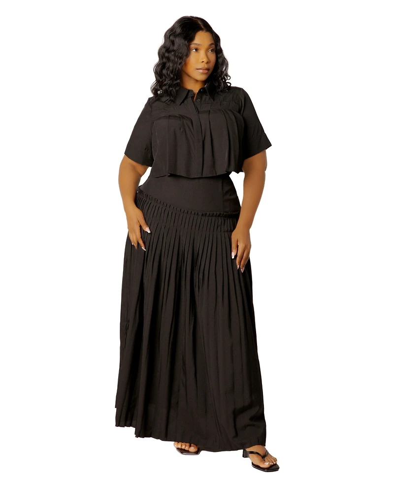Buxom Couture Plus Pleated Cropped Collared Top and Skirt Set