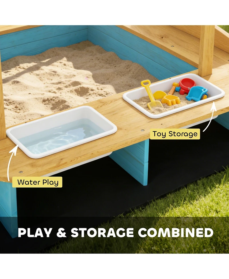 Qaba Wooden Sandbox with Seating for Six & Dinosaur-Print Canopy, Storage, 440 lbs. Capacity, Ages 3-6