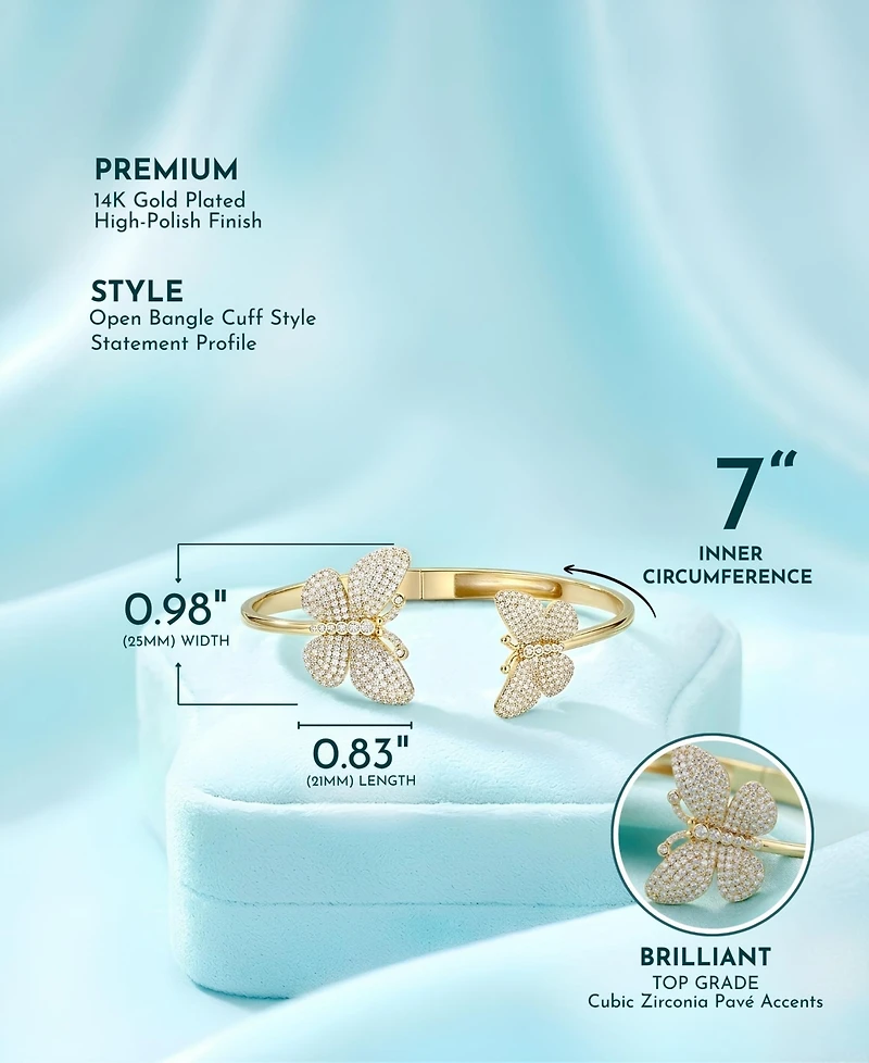 Rachel Glauber 14k Gold Plated with Cubic Zirconia French Pave Butterfly Open Cuff Bangle Bracelet