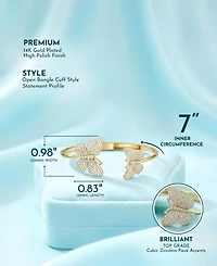 Rachel Glauber 14k Gold Plated with Cubic Zirconia French Pave Butterfly Open Cuff Bangle Bracelet