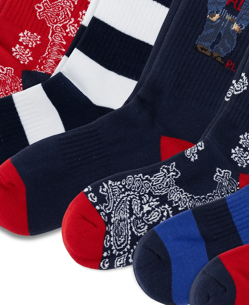 Polo Ralph Lauren Men's Rl Denim Bear Ribbed Reinforced Heel and Toe Crew Socks, 6-Pack