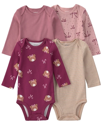Carter's Baby Girls' Bear & Bows Long-Sleeve Snap Closure Cotton Bodysuits, 4-Pack