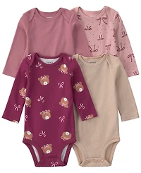 Carter's Baby Girls' Bear & Bows Long-Sleeve Snap Closure Cotton Bodysuits, 4-Pack
