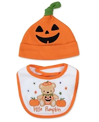 Baby Essentials Baby Boys' and Baby Girls' Halloween Bib, Hat, 3D Pumpkin Socks and Plush Bear, 4-Piece Set