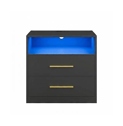 SongmicsHome Bedside Table, Side End Table, Nightstand with Power Outlets, Sliding Lid, Led Lights, 2 Drawers