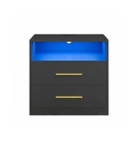 SongmicsHome Bedside Table, Side End Table, Nightstand with Power Outlets, Sliding Lid, Led Lights, 2 Drawers
