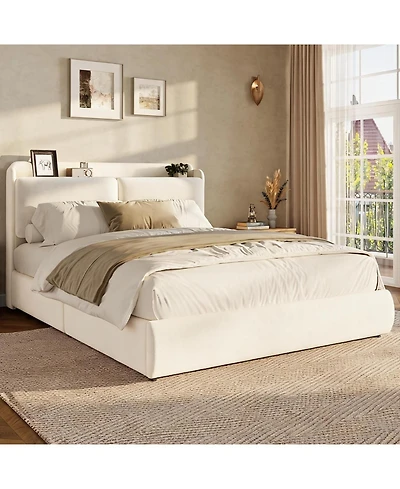 gaomon Full Upholstered Bed Frame with Shelf and Drawers- Beige Chenille Platform Bed with Built in Headboard Shelf for Phone and Books