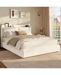 gaomon Full Upholstered Bed Frame with Shelf and Drawers- Beige Chenille Platform Bed with Built in Headboard Shelf for Phone and Books