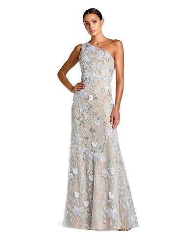 Mac Duggal Petite One-Shoulder Floral Sequin Mesh Gown