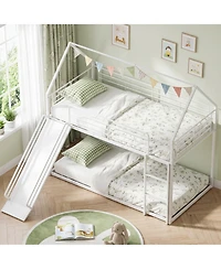Costway Twin Over Twin Low Bunk Bed House-shaped Metal Bunk Bed Frame with Safety Guardrail