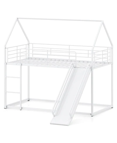 Costway Twin Over Twin Low Bunk Bed House-shaped Metal Bunk Bed Frame with Safety Guardrail