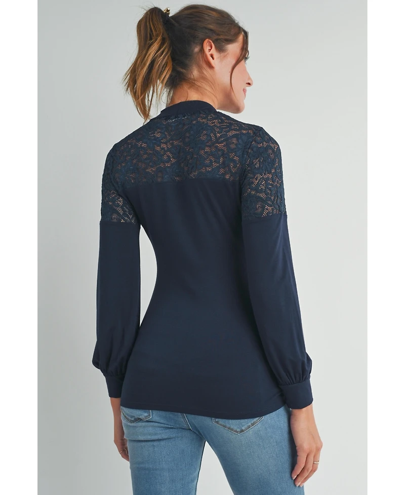 Hello Miz Maternity Floral-Lace Yoke Mock-Neck Long-Sleeve Top