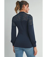 Hello Miz Maternity Floral-Lace Yoke Mock-Neck Long-Sleeve Top