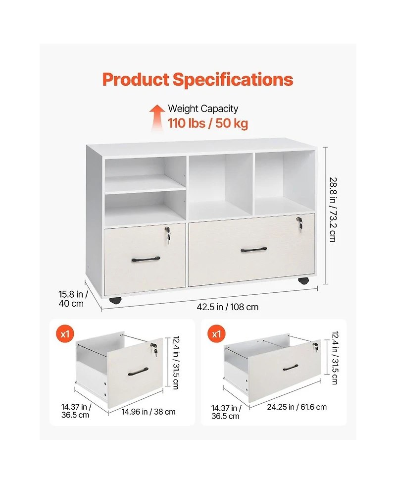 Slickblue 2 Drawer Mobile File Cabinet with Adjustable Storage Shelves