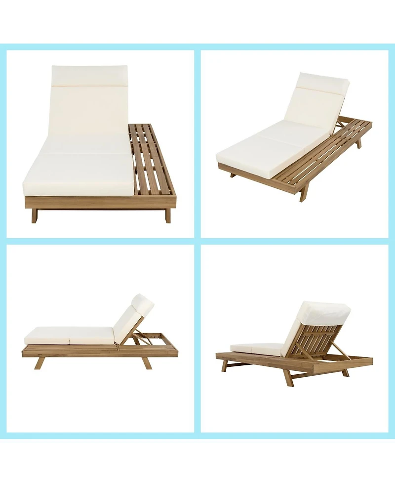 Asagikoiai Acacia Wood Outdoor Chaise Lounge with Headrest and 3-Fold Cushion
