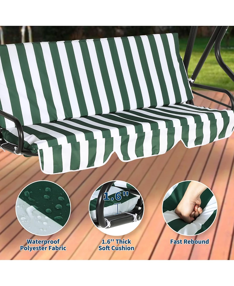 gaomon 3-Seat Outdoor Porch Swing Chair with Adjustable Canopy, Striped Cushions and Steel Frame Patio Glider for Backyard, Garden