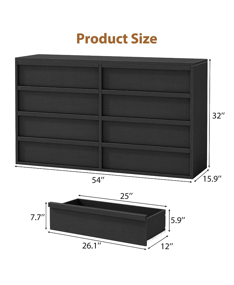 54" 8-Drawer Dresser for Bedroom, Modern Wide Chest of Drawers with Large Storage, Wood Organizer for Living Room, Entryway, Nursery