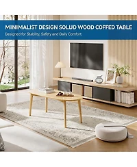 Wood Oval Coffee Table, 39.4" Beech Wood Center Table with Natural Wood Grain, Modern Nordic Low Sofa Table for Living Room, Bedroom or Small Space