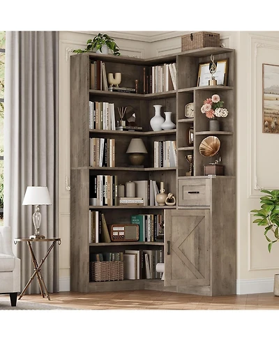 gaomon 74" 6-Tier L-Shaped Corner Bookshelf with Drawer and Cabinet, Open Storage Display for Home Office