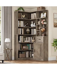 gaomon 74" 6-Tier L-Shaped Corner Bookshelf with Drawer and Cabinet, Open Storage Display for Home Office
