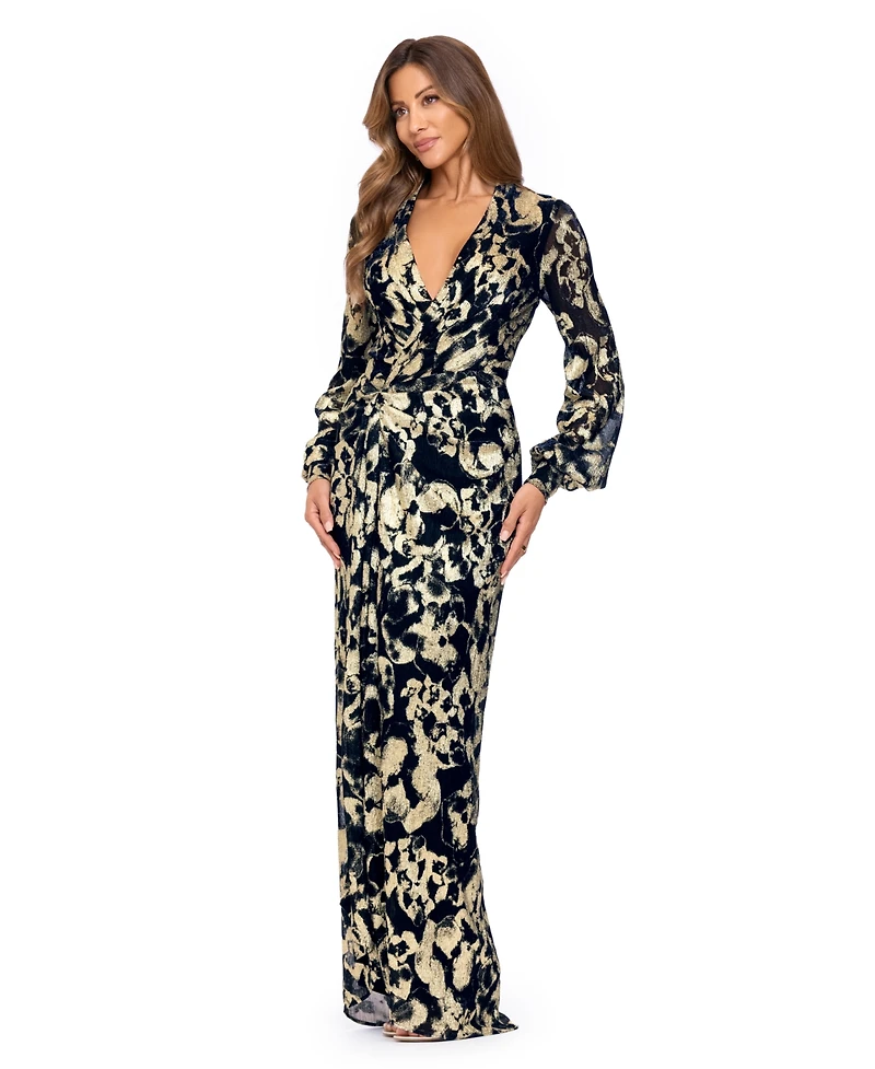 Betsy & Adam Women's Floral Long-Sleeve Gown