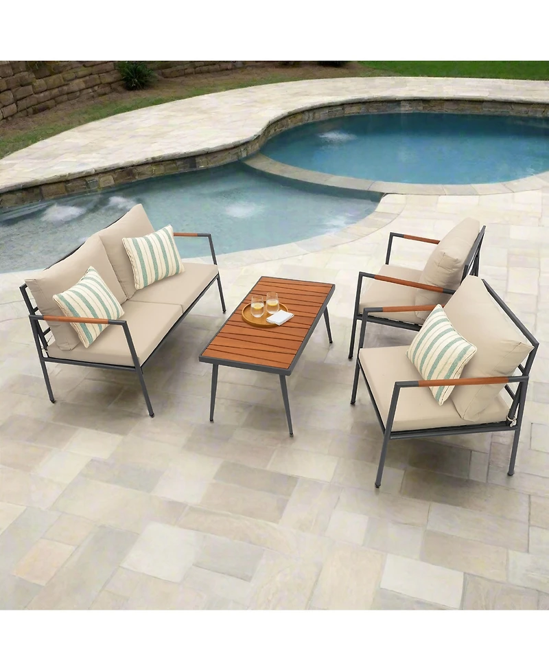 Teamson Home - Outdoor 4 Piece Steel frame Conversation Set with Wood Armrests and Cushions