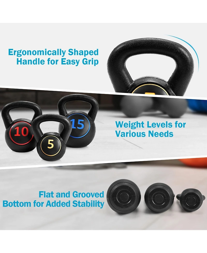Glintex Kettlebell Set, 3 Hdpe Kettlebells at 5, 10 and 15 lbs