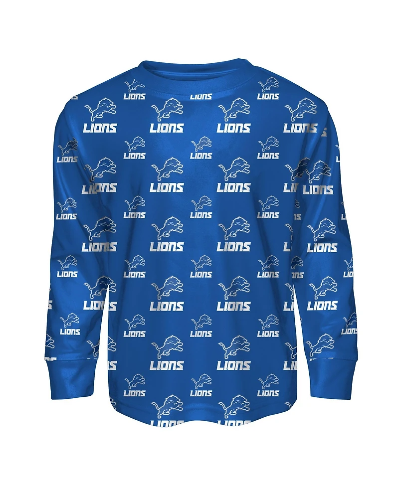 Outerstuff Big Boys and Girls Blue Detroit Lions All-Over-Print Long Sleeve T-Shirt Pants Sleep Set