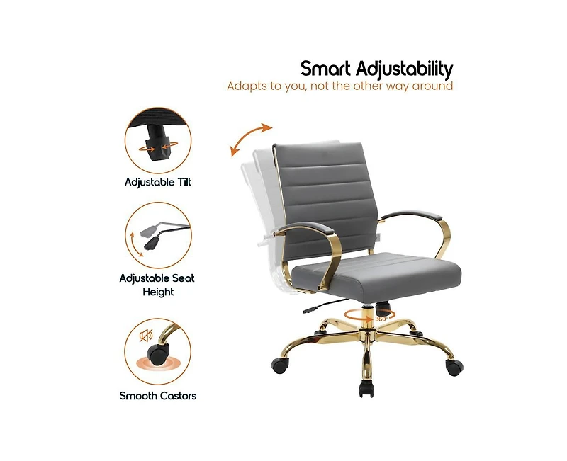 LeisureMod (Set of 2) Benmar Leather Office Chair with Gold Accents, Adjustable Height, Swivel Ergonomic Design for Home