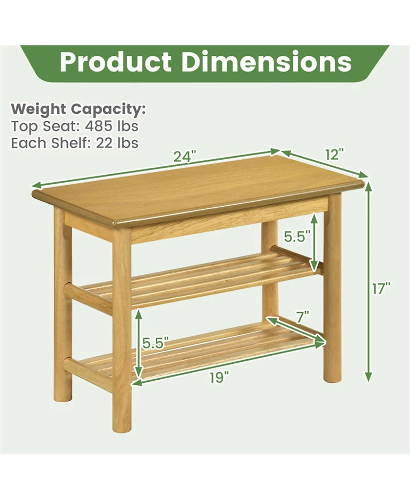 Slickblue 24 Inch Rubberwood Shoe Rack Bench with 3-Tier Entryway Storage